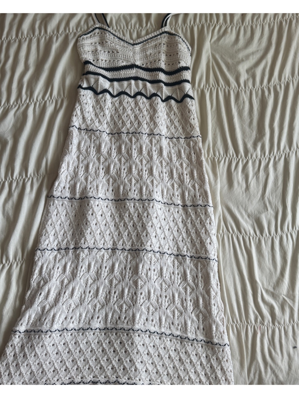 Zara White Knit Maxi Dress with Black Trim